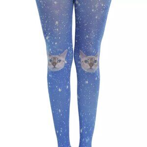Hot Topic Space Cat Faux Thigh High Tights Lightweight Sheer Blue Size S/M